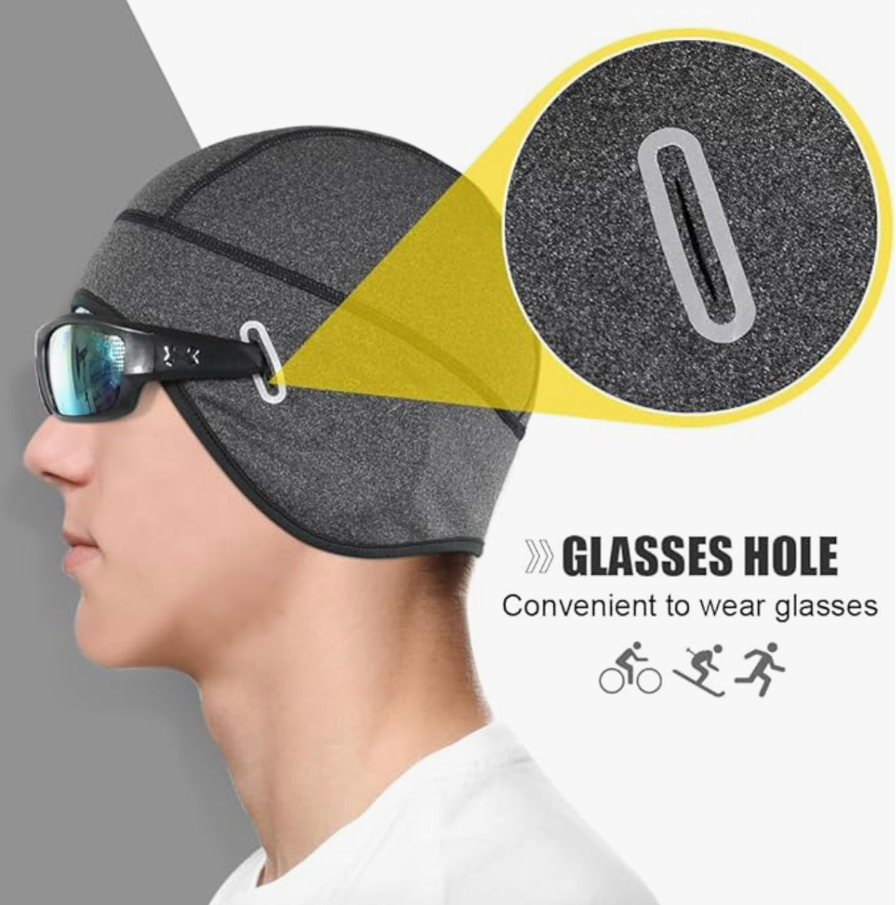 The Winter Helmet Beanie for Cold Weather Cycling and Fat Biking will keep your ears toasty warm this winter. The unisex beanie is super soft and thin enough to fit under your helmet comfortably. Plus, we put slits on each side so you can slide the your sunglasses so they rest on your ears. You also won't overheat wearing it! It features highly breathable, moisture wicking fabric. One size fits most melons.