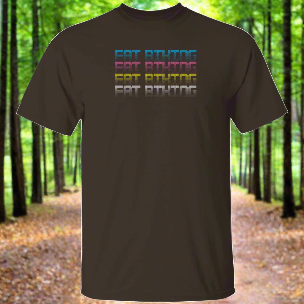 A brown t-shirt with text pattern reading 'EAT BIKING' in different colors on the front.