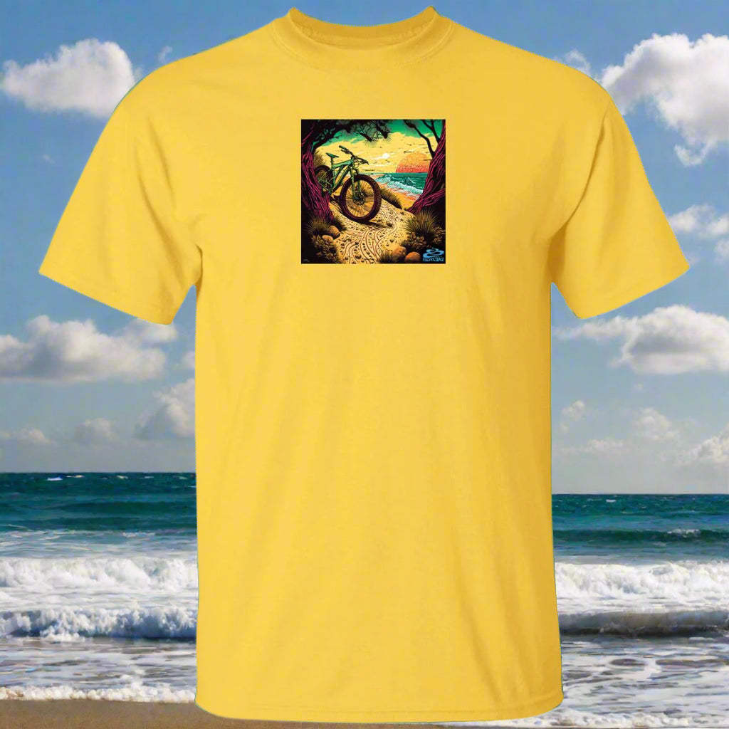 A yellow t-shirt with a graphic print of a person riding a bicycle on a deserted island with a tropical background.