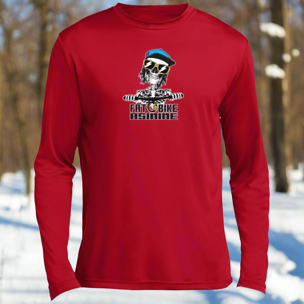 Red long-sleeve shirt with a graphic design on a white background