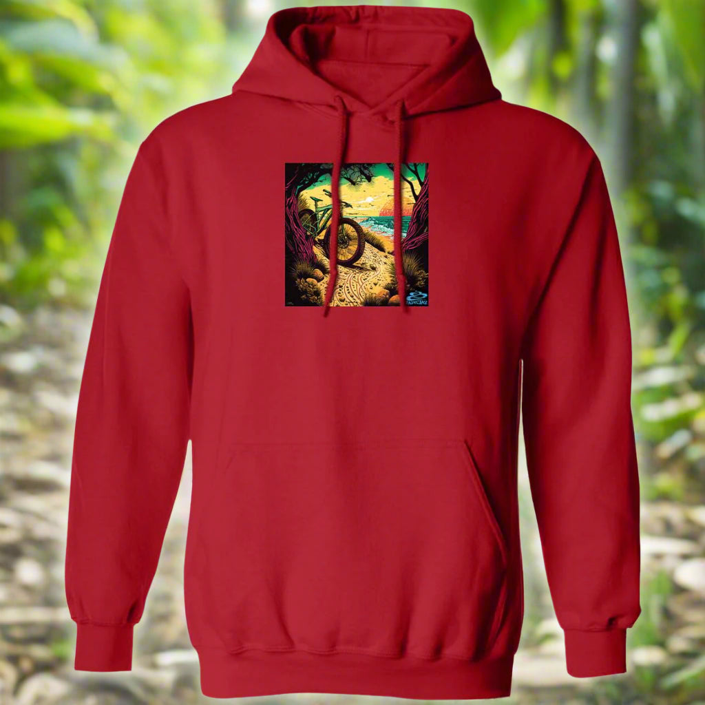 A red pullover hoody with a graphic print of a tropical beach scene on the front.