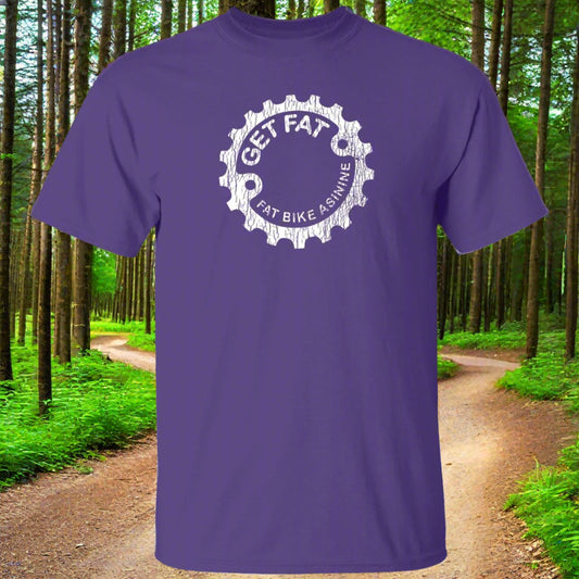 A purple t-shirt with text and a gear symbol on the front.