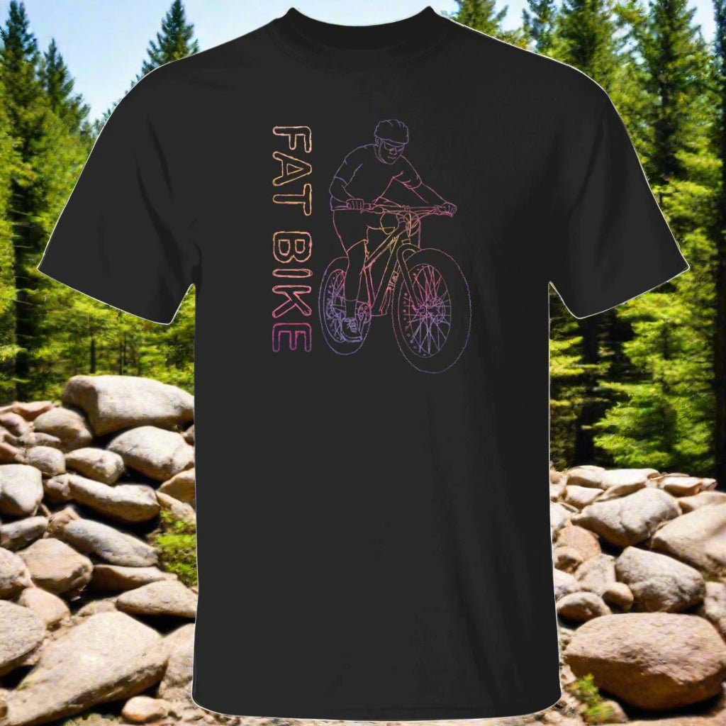 A black t-shirt with a neon color graphic of a person on a bicycle above the text 'FAT BICYCLE'.