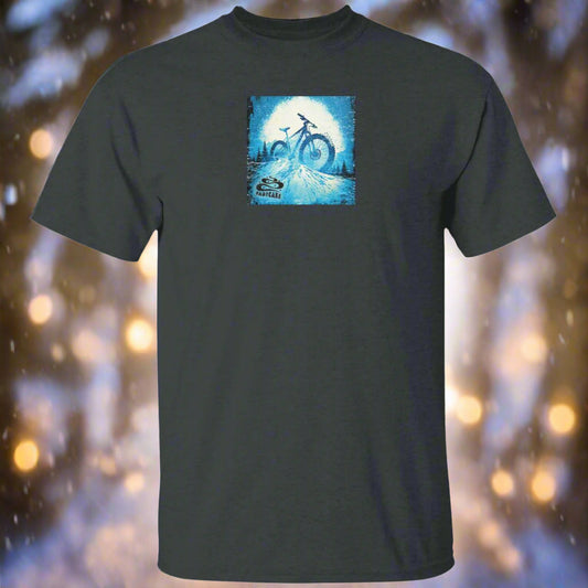 A gray short-sleeved t-shirt with a graphic print of a bicycle on the front, featuring a moonlit landscape background.