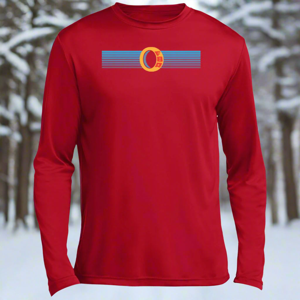 A long sleeve red riding shirt with a blue and orange stripe on the chest and a round logo on the center.