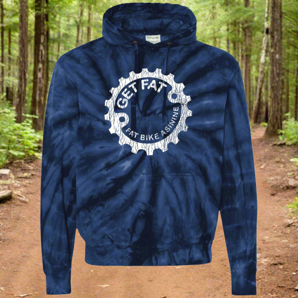 A blue tie-dye pullover hoody with 'GET FAT BIKING' text and a patent bike graphic on the front.
