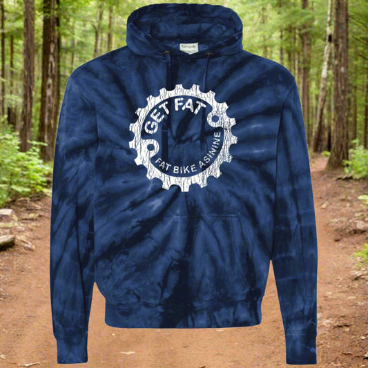 A blue tie-dye pullover hoody with 'GET FAT BIKING' text and a patent bike graphic on the front.