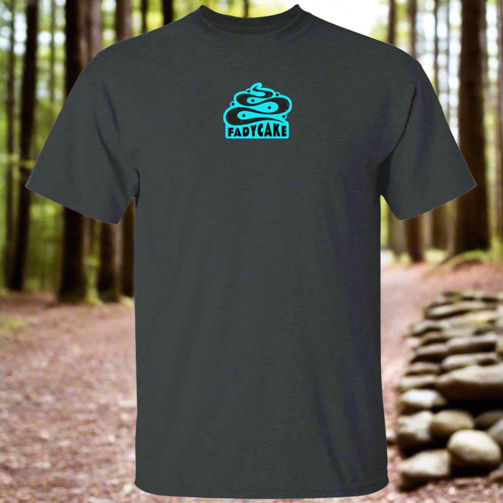 A short-sleeved ice blue t-shirt with a FADYCAKE logo in dark blue on the chest.
