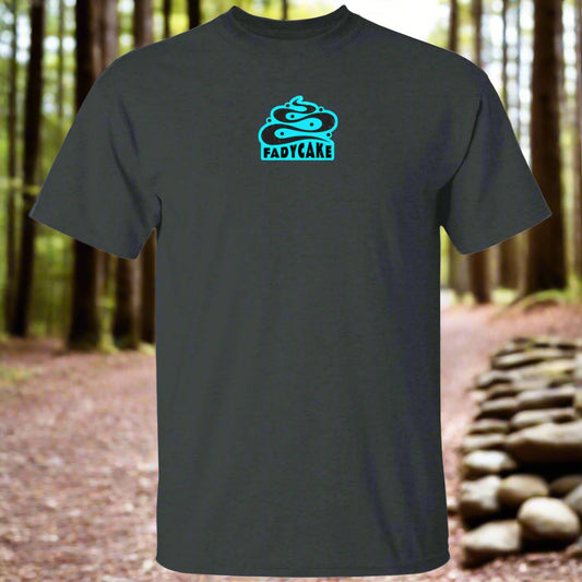 A short-sleeved ice blue t-shirt with a FADYCAKE logo in dark blue on the chest.