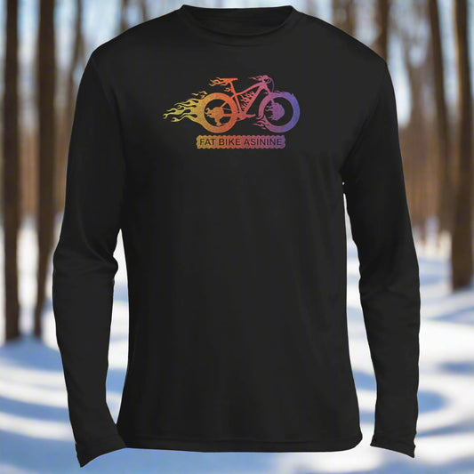 A black long sleeve riding shirt with a colorful graphic of a bike and the text 'FAT BIKE ASININE' on the front.