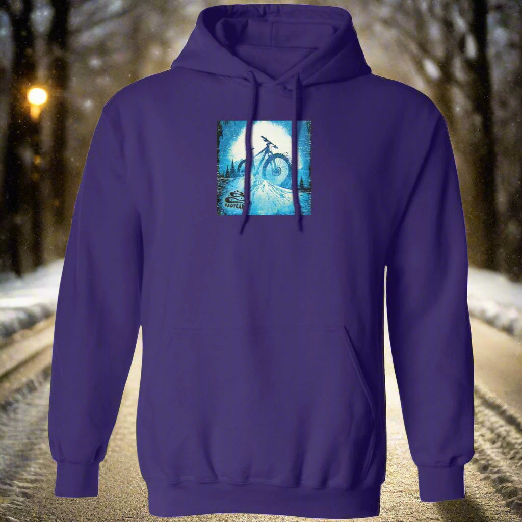 A purple pullover hoody with a hood, featuring a graphic of a person on a bicycle under a blue moon on the front.