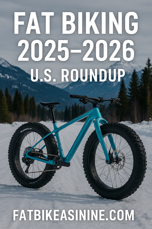 at bike with oversized tires parked on a snowy Colorado mountain trail, blog title overlay reading “Fat Biking 2025–2026 U.S. Roundup.”