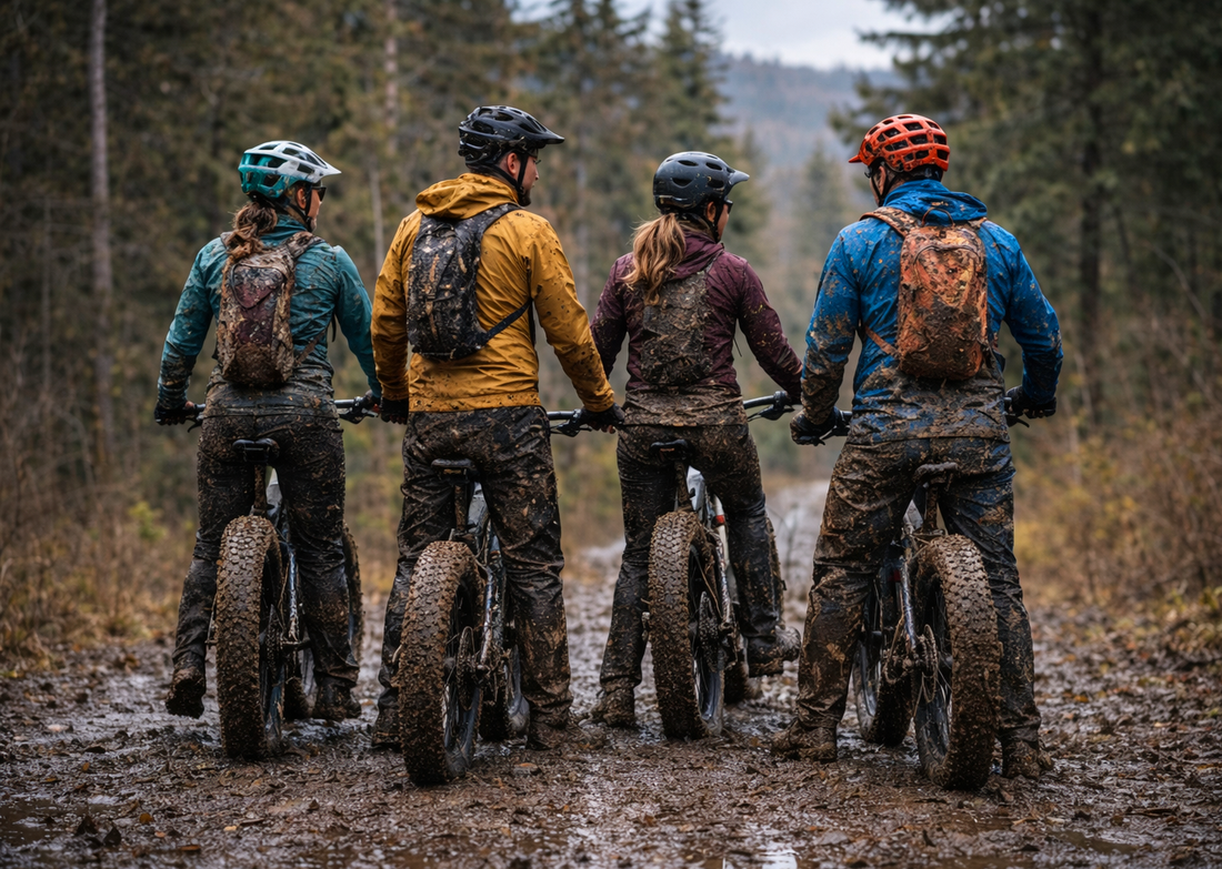 Group of fat bike riders on a muddy trail in the spring. Fat bike 101