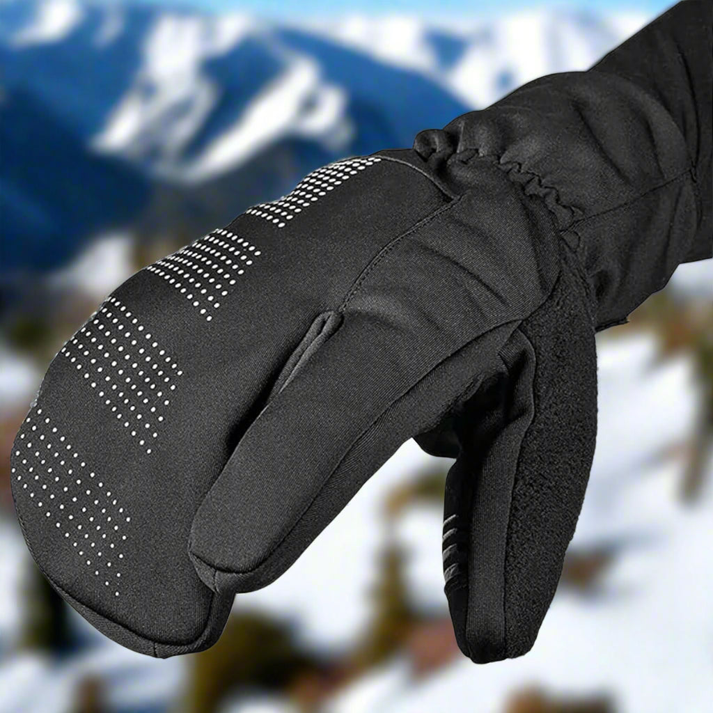 Black glove for winter biking fat bikes mountain bike with textured palm on a light gray background winter cycling, lobster 3-finger gloves, insulated gloves