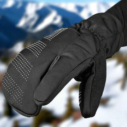 Black glove for winter biking fat bikes mountain bike with textured palm on a light gray background winter cycling, lobster 3-finger gloves, insulated gloves