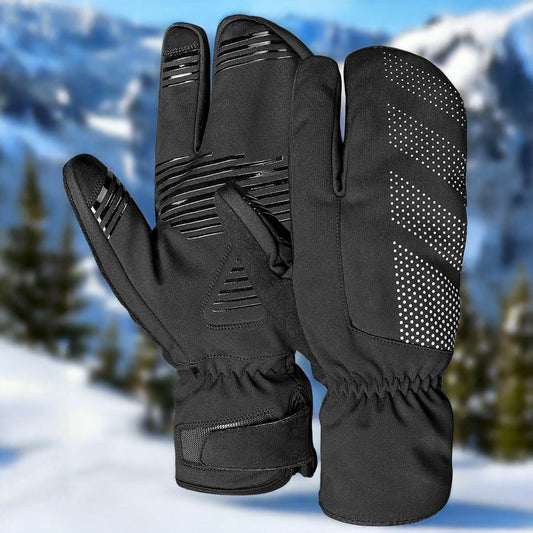 Black glove for winter biking fat bikes mountain bike with textured palm on a light gray background winter cycling, lobster 3-finger gloves, insulated gloves, waterproof gloves