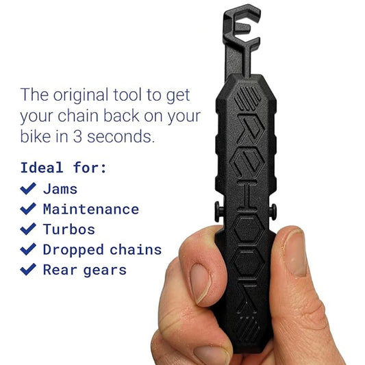Get your chain back on your fat bike without the mess. Takes Just 3 Seconds! We've all been there where your chain falls off and your have to get it back on by hand.&nbsp;Ultimately, you end up with dirt and grease all over your hands or gloves. Attaches to your bike, so it's ready when you need it most. Lightweight - 20g. Great gift idea for cycling&nbsp;enthusiasts.