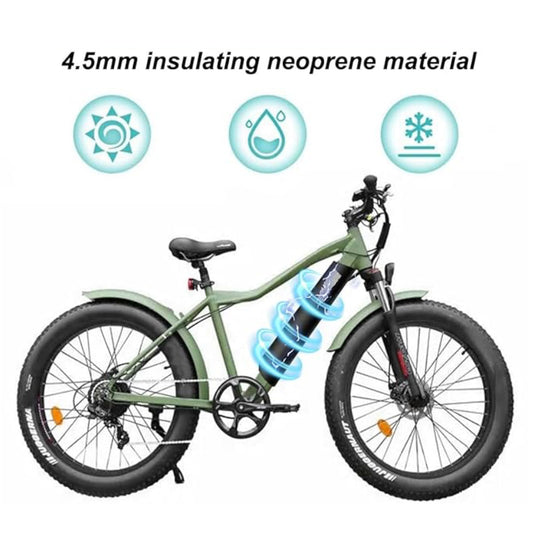 Water and electricity don't do well together! Keep your eBike battery safe from the elements and grime with our neoprene Weatherproof Battery Cover with Velcro. This super easy to install solution will keep your eBike battery protected. One size fits most. Tested on small to large batteries, this should fit most eBikes. Reflective embellishments on both sides for added visibility at night.